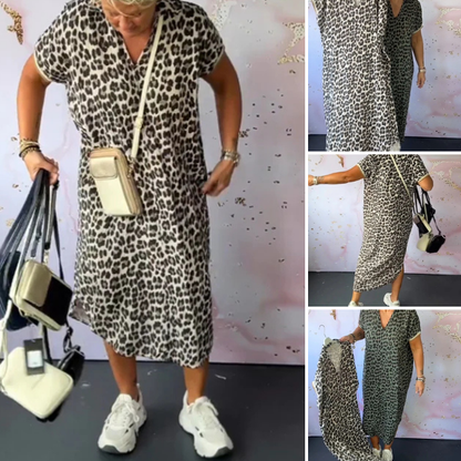 Išskirtinė suknelė trumpomis rankovėmis su leopardo raštu